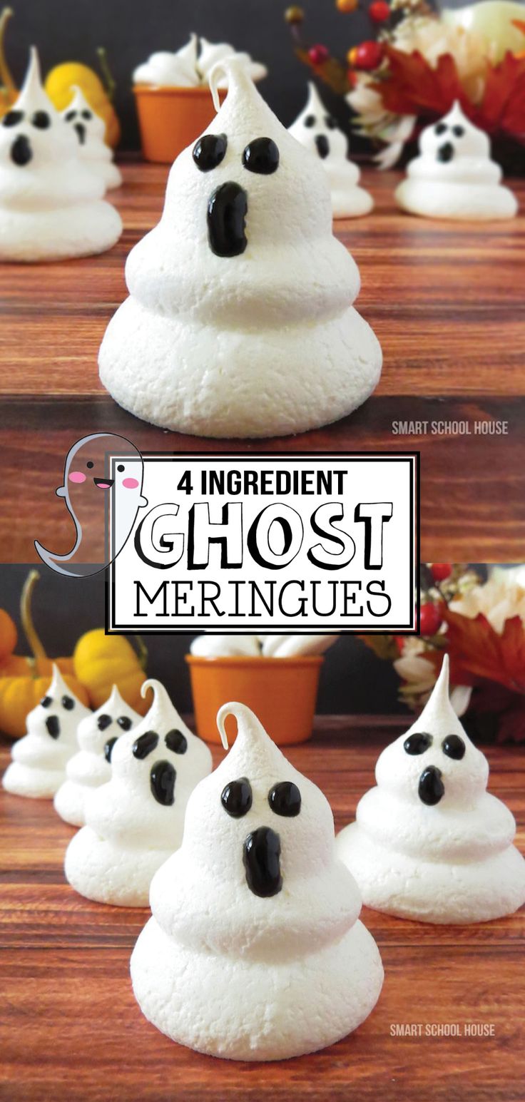 three different pictures of ghost meringues with black eyes and noses on them, one is