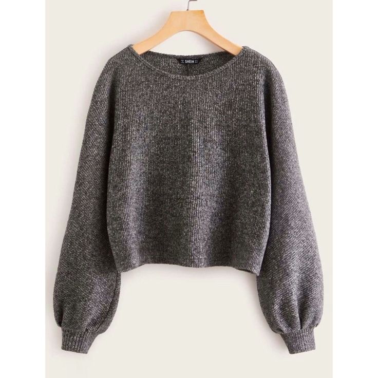 Brand New, Never Worn. Gray Cropped Sweater With Poofy Cuffed Sleeves. Size Large. Accidentally Ordered 2 On Shein So I’m Reselling The Extra One Batwing Sleeve Sweater, Shein Sweater, Lantern Sleeve Sweater, Boat Neck Top, Marled Sweater, Solid Sweaters, Boat Neck Tops, Autumn Casual, Drop Shoulder Sweaters