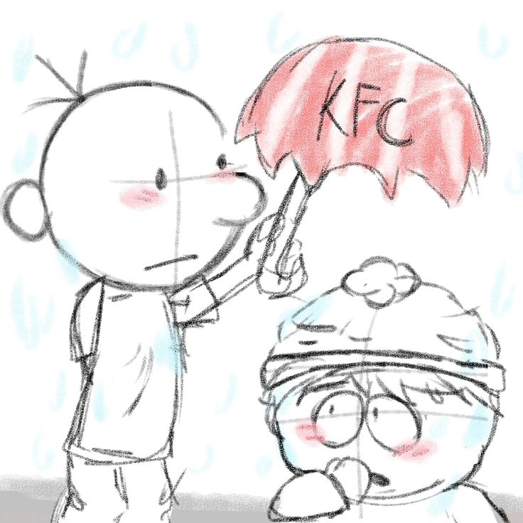 a drawing of a person holding an umbrella next to a cartoon character with the word kc written on it