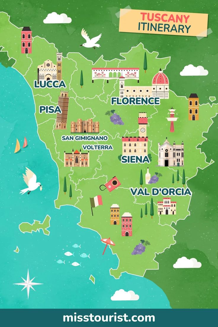 a map of italy with all the major cities and towns in green, blue, yellow, red