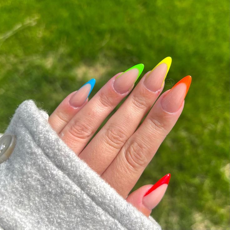 Neon Rainbow French Tip Nails Almond, Rainbow Nails French Tip, Rainbow French Nails, Rainbow French Manicure, Rainbow French Tips, Rainbow French Tip Nails, Rainbow French, Nails Rainbow, Pride Nails