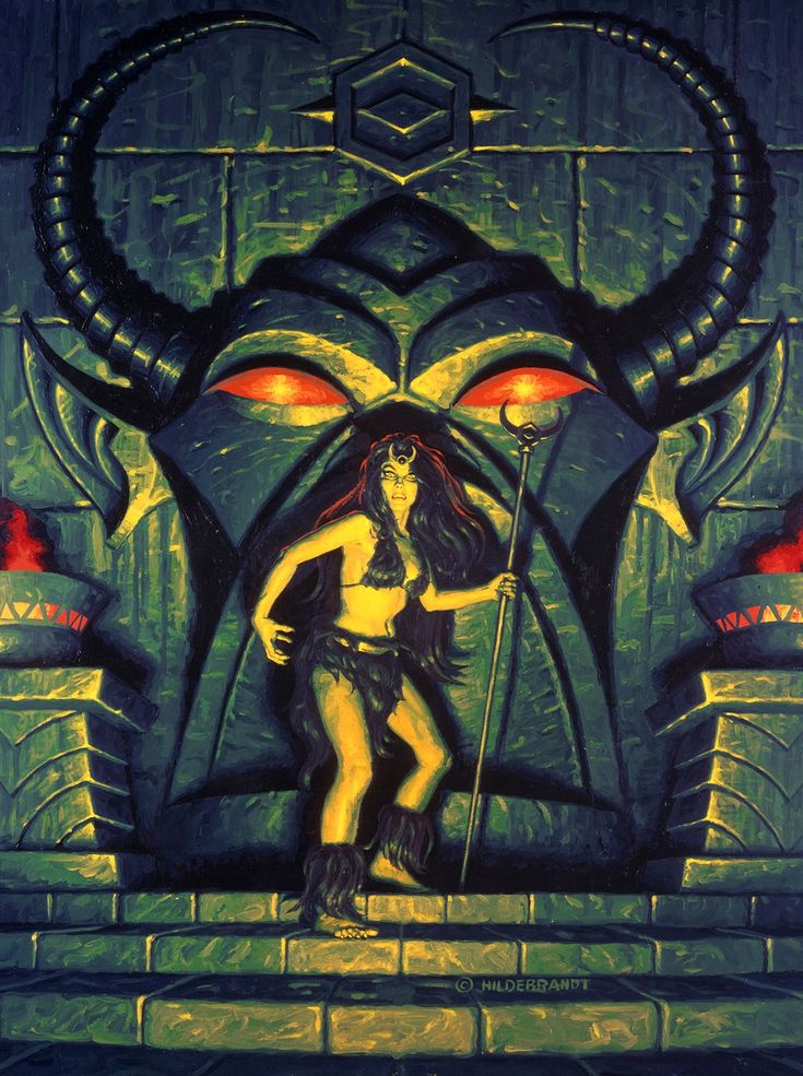 a painting of a woman holding a spear in front of a demon like structure with red eyes