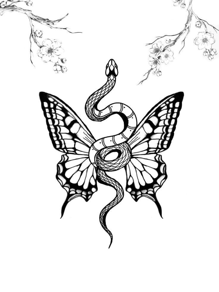 a snake and butterfly tattoo design on a white background