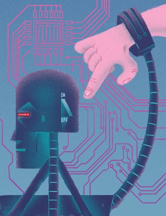 a hand reaching for a robot in front of a circuit board with pink and blue colors