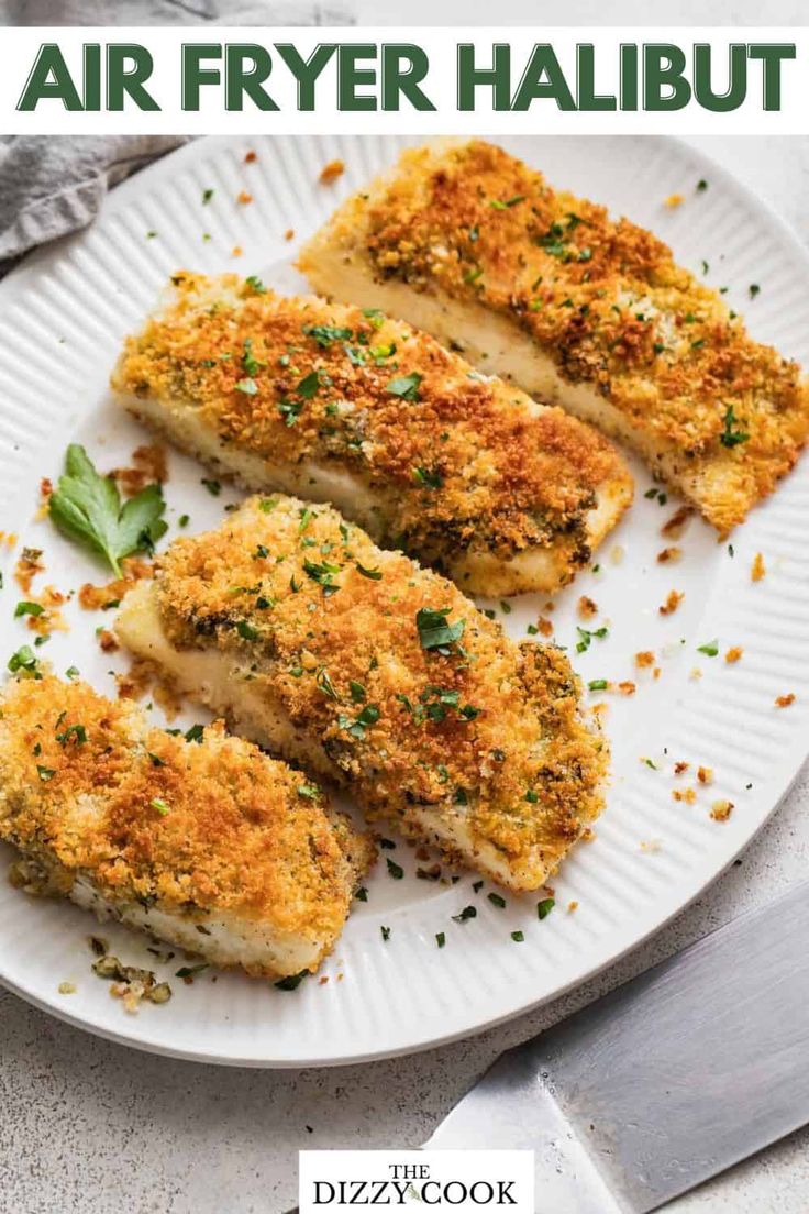 air fryer halibut on a white plate with parmesan sprinkles