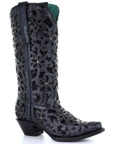 Corral Womens Black Inlay Embroidery Western Boots - Snip Toe, Black Handcrafted Boots, Corral Boots, Roper Boots, Ariat Boots, Studded Boots, Heel Caps, Boots Women Fashion, Cowgirl Style, Kids Boots