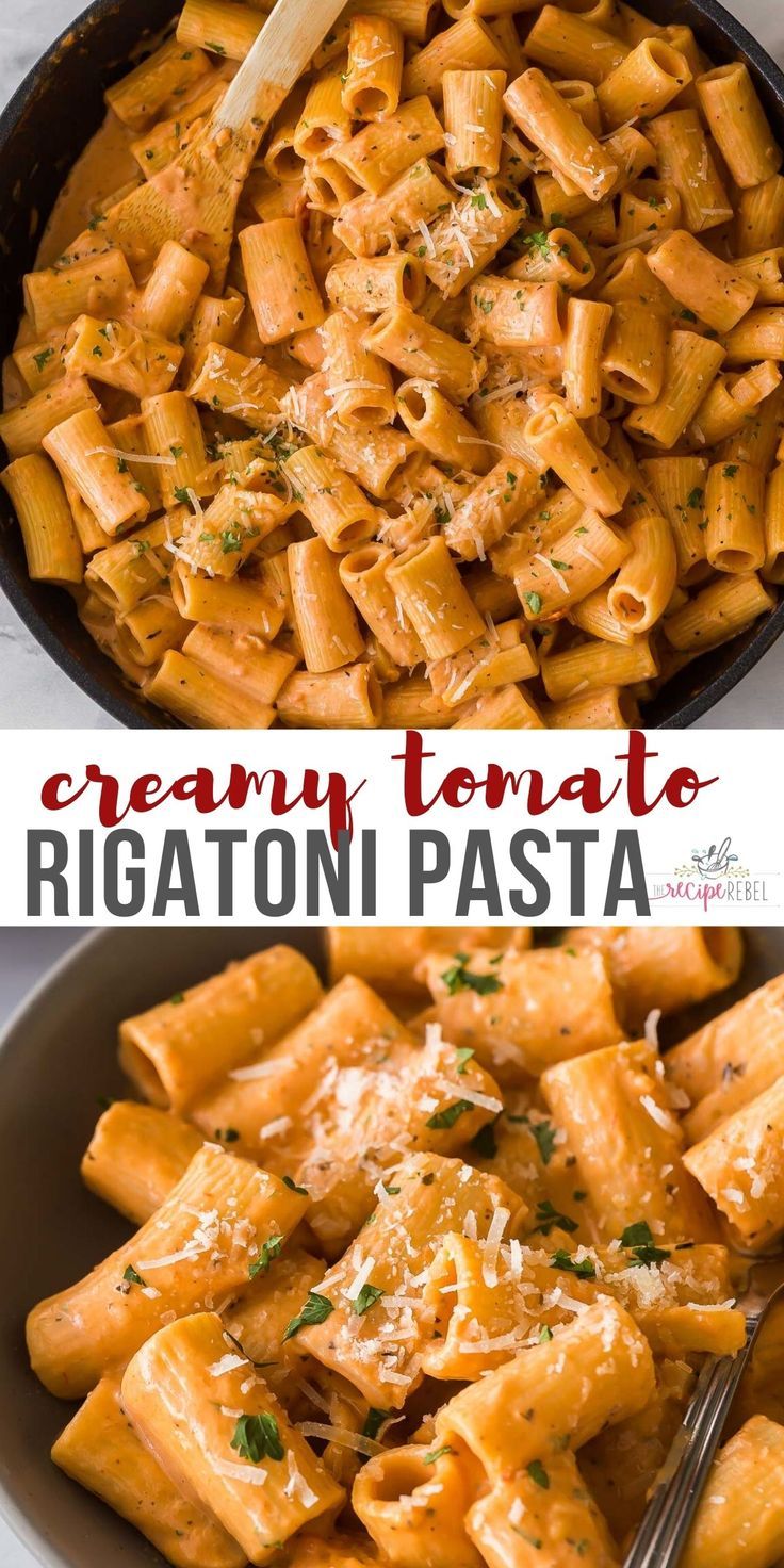 creamy tomato rigatoni pasta with parmesan cheese in a black skillet