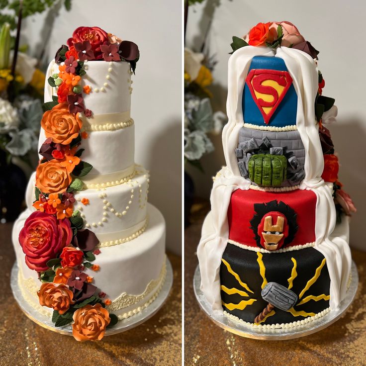 two different wedding cakes decorated with flowers and decorations