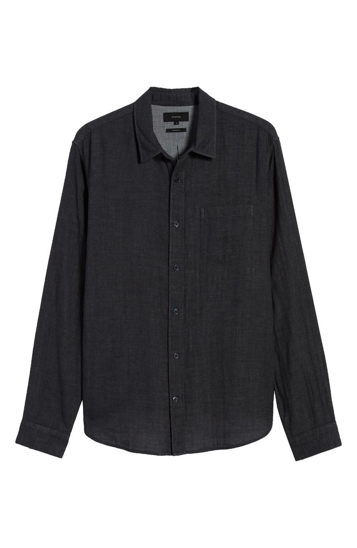 Crafted from soft cotton, this polished button-up features an easy-moving back pleat and a curved shirttail hem. 30 1/2" length ( size Medium) Front button closure Spread collar Adjustable button cuffs Chest pocket 100% cotton Machine wash, tumble dry Imported Modern Shirt With Placket For Fall, Modern Fall Shirt With Placket, Classic Black Shirt With Welt Pockets, Classic Black Tops With Welt Pockets, Black Cotton Shirt With Welt Pockets, Black Casual Shirt With Welt Pockets, Casual Black Shirt With Welt Pockets, Versatile Button-up Shirt For Business Casual, Versatile Business Casual Shirt With Button Closure