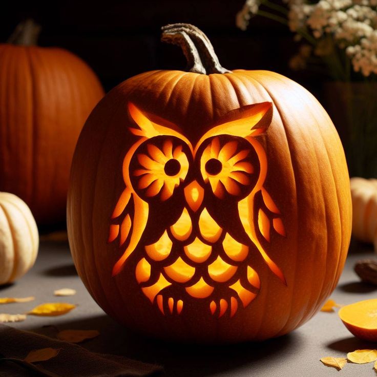 an owl carved into a pumpkin on a table