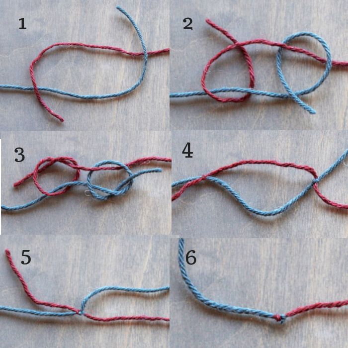 four pictures showing how to tie the ends of two different strings with one knot at each end