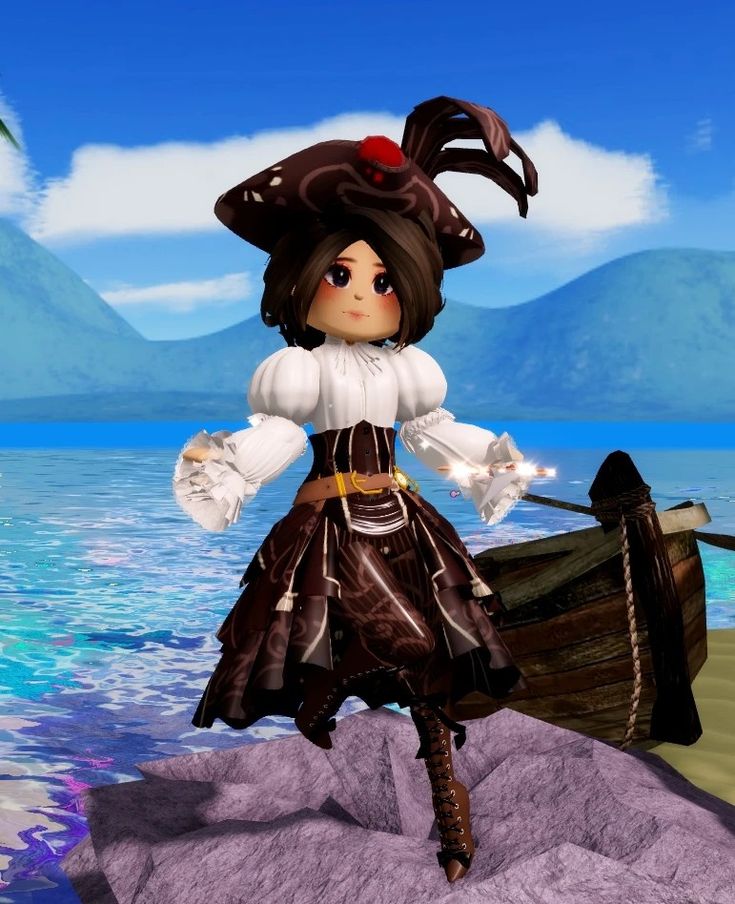 a girl in a pirate costume standing on a rock next to a boat and mountains