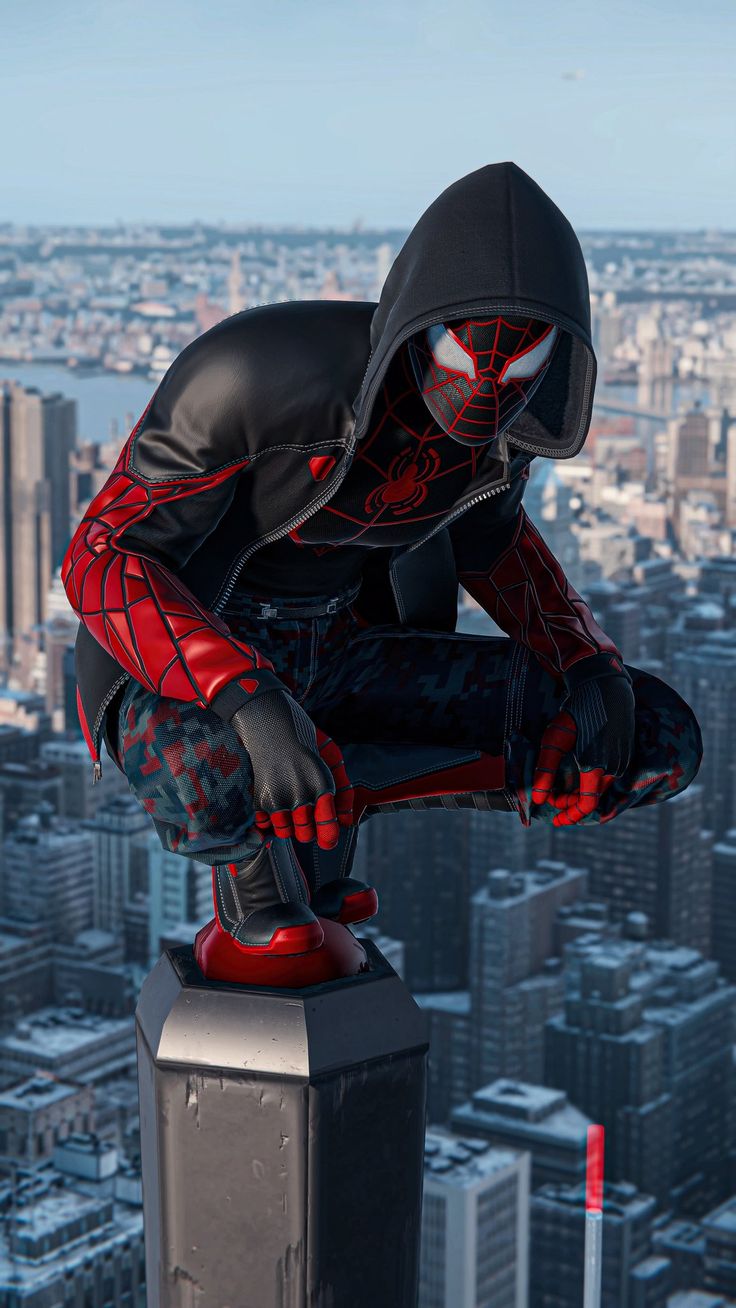 a skateboarder in a black hoodie is on top of a building with the city behind him