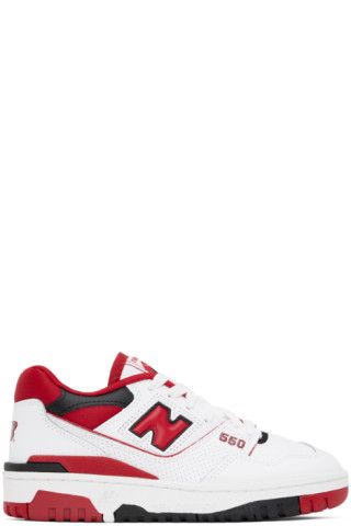 New Balance - White & Red 550 Sneakers New Balance Leather Sneakers With Logo Patch, New Balance Sneakers With Logo Patch For Sports, Red High-top Sneakers With Logo-print Tongue, Classic Low-top Sneakers With Logo Patch, Leather Sneakers With Logo Patch For Sports, Leather Sports Sneakers With Logo Patch, Red Casual Sneakers With Logo-print Tongue, Casual Red Sneakers With Logo-print Tongue, Red Leather Sneakers With Logo