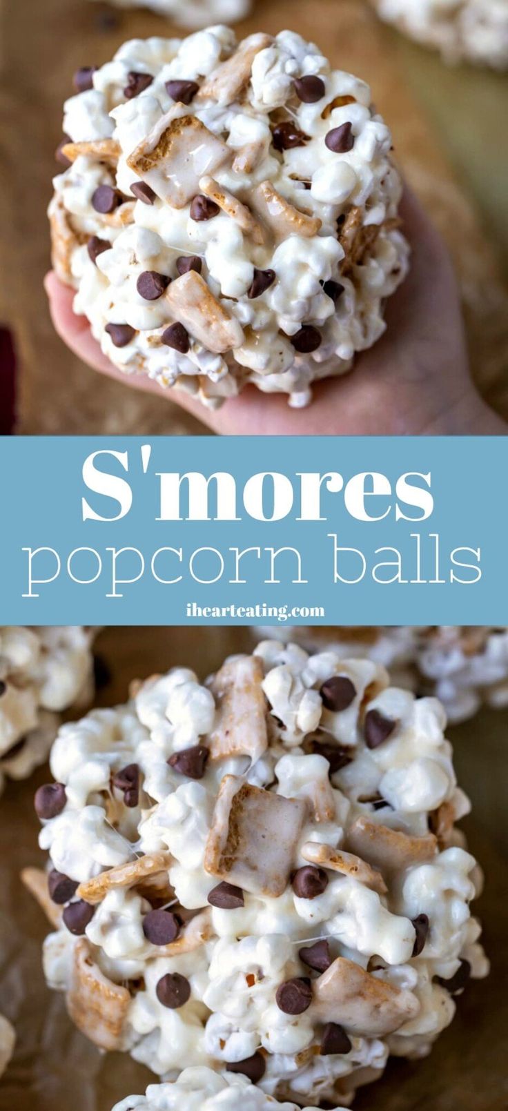 s'mores popcorn balls with chocolate chips and marshmallows on top