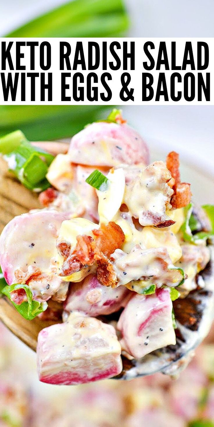 keto radish salad with eggs and bacon on a wooden spoon in front of asparagus