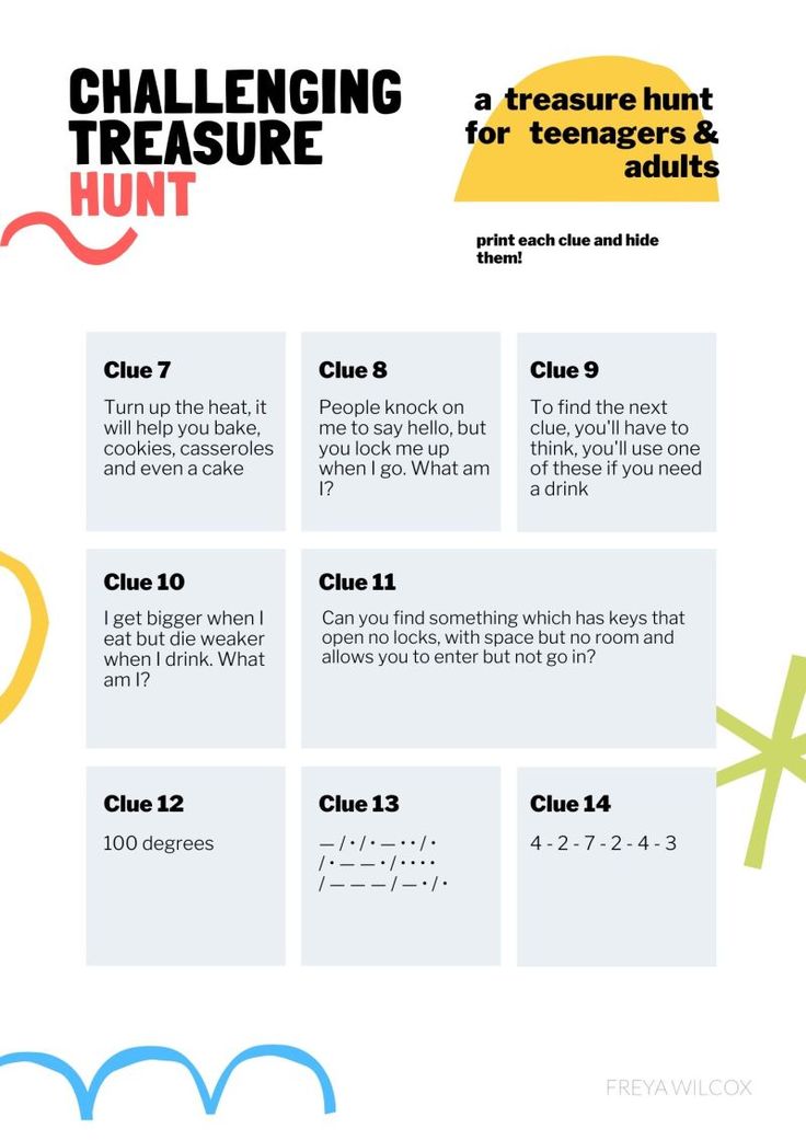 the challenge sheet for challenging treasure hunt is shown in blue, yellow and green colors