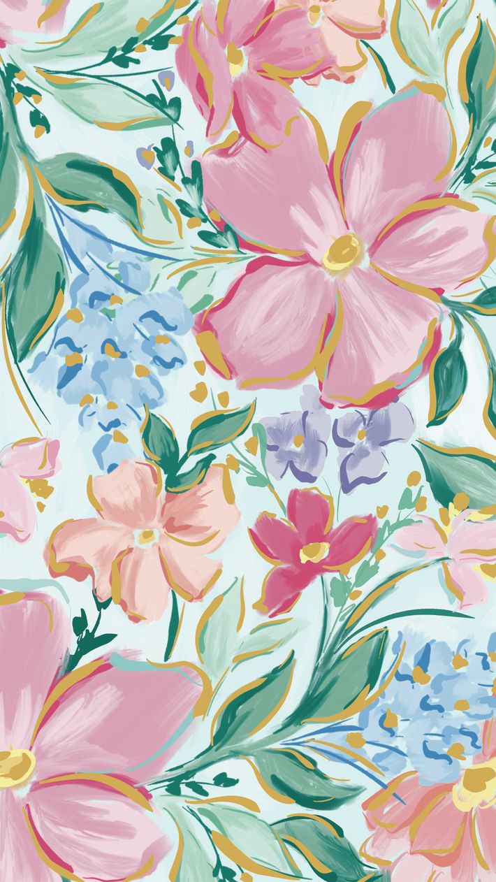 a floral wallpaper with pink and blue flowers