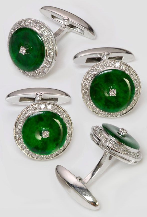 JADE DIAMOND 18K GOLD CUFFLINKS Classic Green Cufflinks For Formal Occasions, Elegant Round Diamond Cufflinks, Classic Diamond Cufflinks With Polished Finish, Luxury Diamond Cufflinks With Polished Finish, Diamond Cufflinks With Polished Finish For Formal Events, Formal Diamond Cufflinks With Polished Finish, Elegant Green Cufflinks For Formal Occasions, Luxury White Gold Round Cufflinks, Designer Round Cufflinks For Formal Occasions