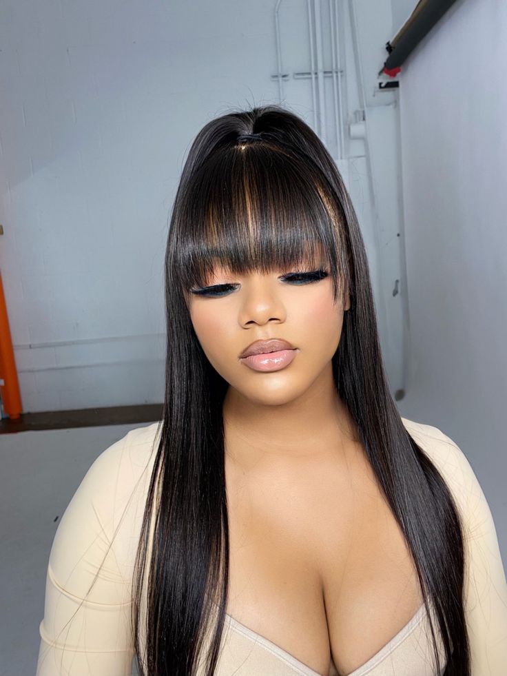 Wig with bangs Half Up Half Down Hair Black Women Bang, Bang Half Up Half Down, Pony With Bangs, Fringe Bangs Black Women, Half Up Half Down Hair With Bangs, Half Up Half Down Bangs, Half Up Half Down With Bangs, Fringe Ponytail, Lace Hairstyles