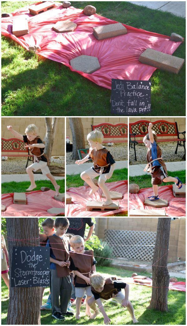 a collage of photos showing children playing in the yard