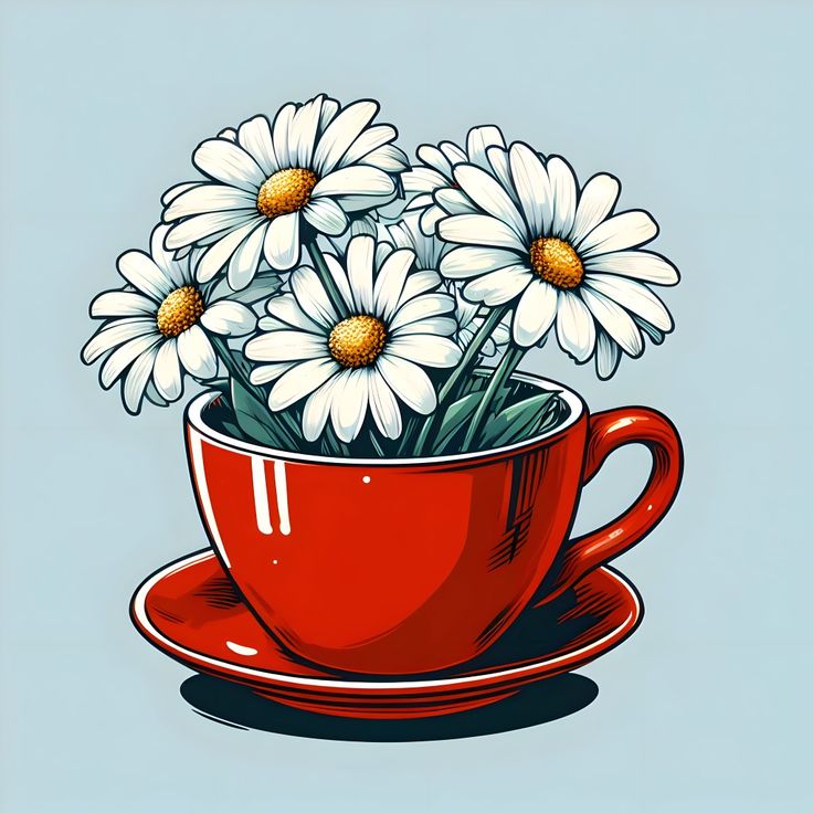 a red cup filled with white daisies on top of a saucer