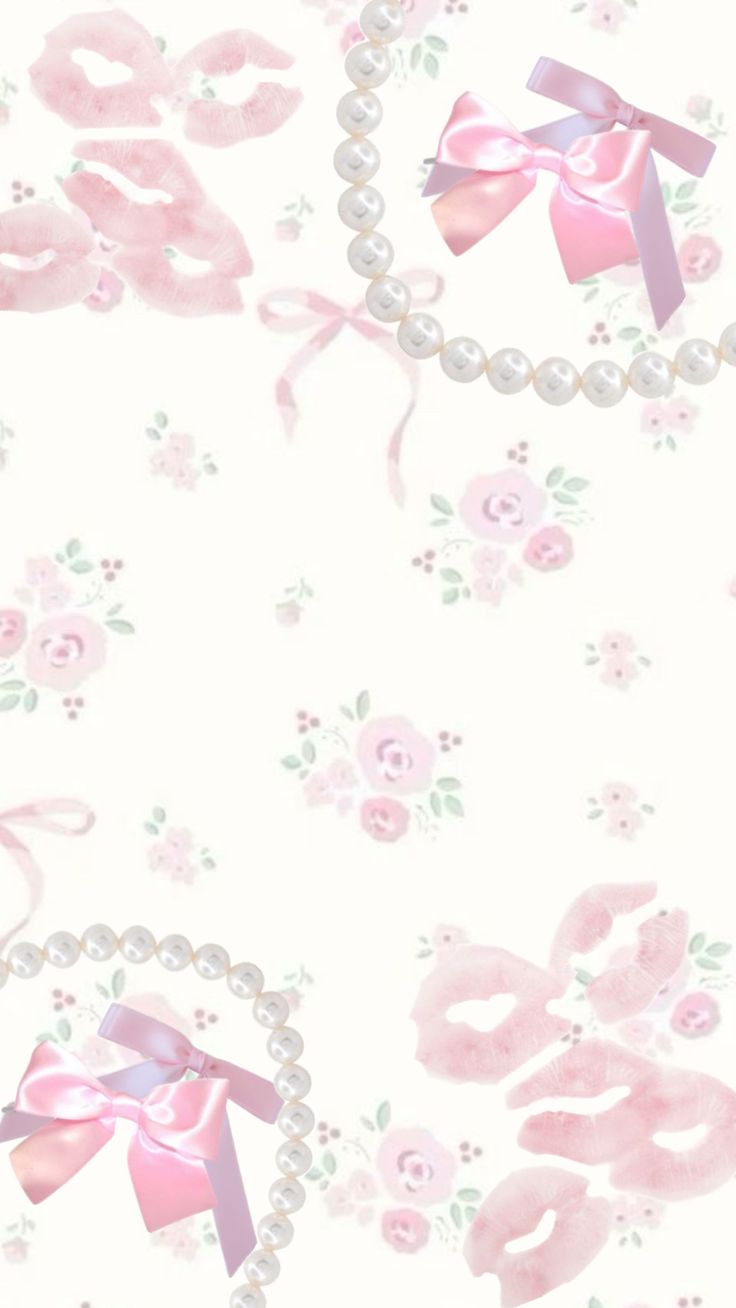 a white background with pink bows and pearls