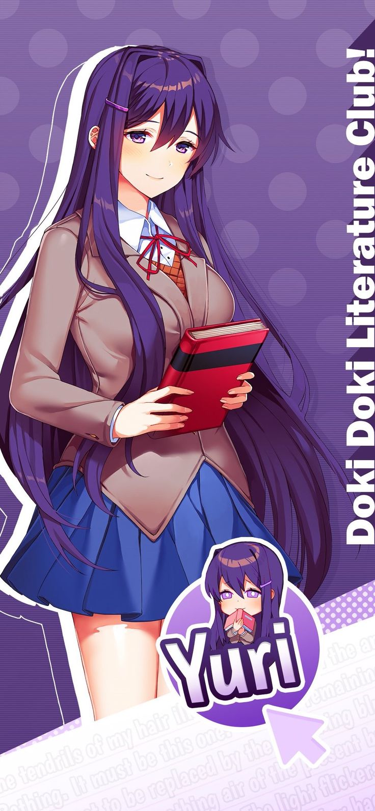 an anime character with long purple hair holding a book