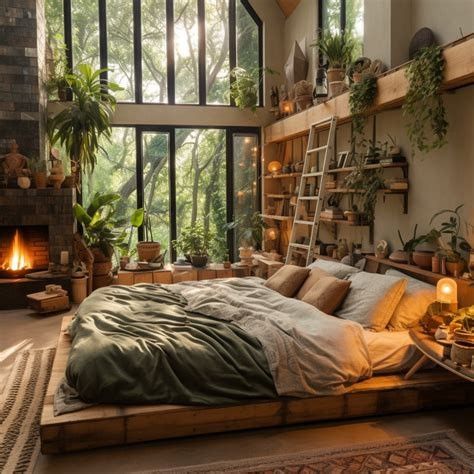 a bedroom with a large bed and lots of plants