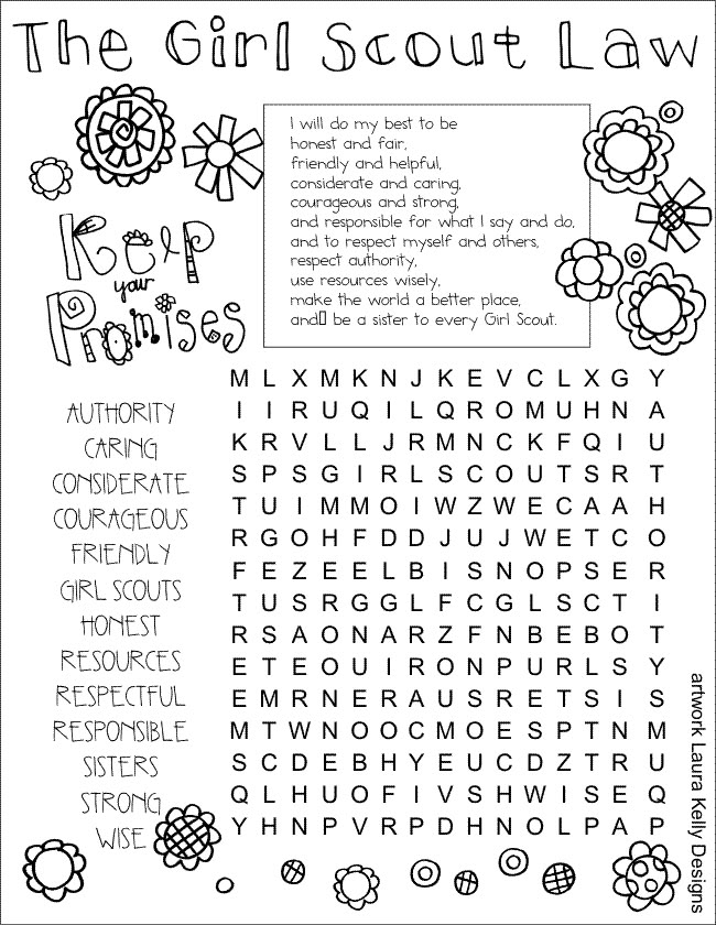 the girl scout's law word search is shown in black and white with flowers