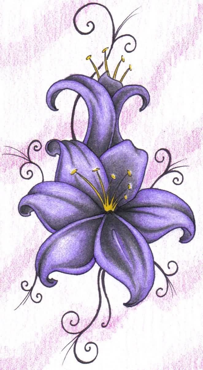 a drawing of a purple flower with swirls and leaves on the bottom half of it