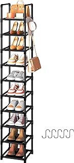 a black shoe rack with shoes on it