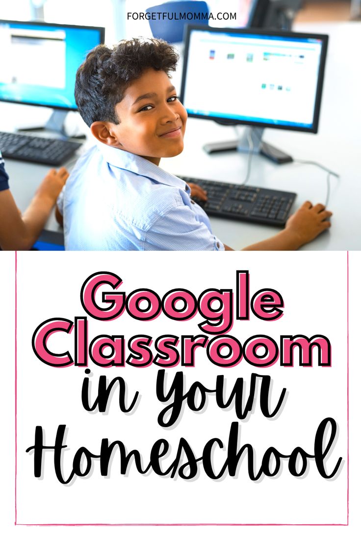 a young boy sitting at a computer desk with the words google classroom in your homeschool