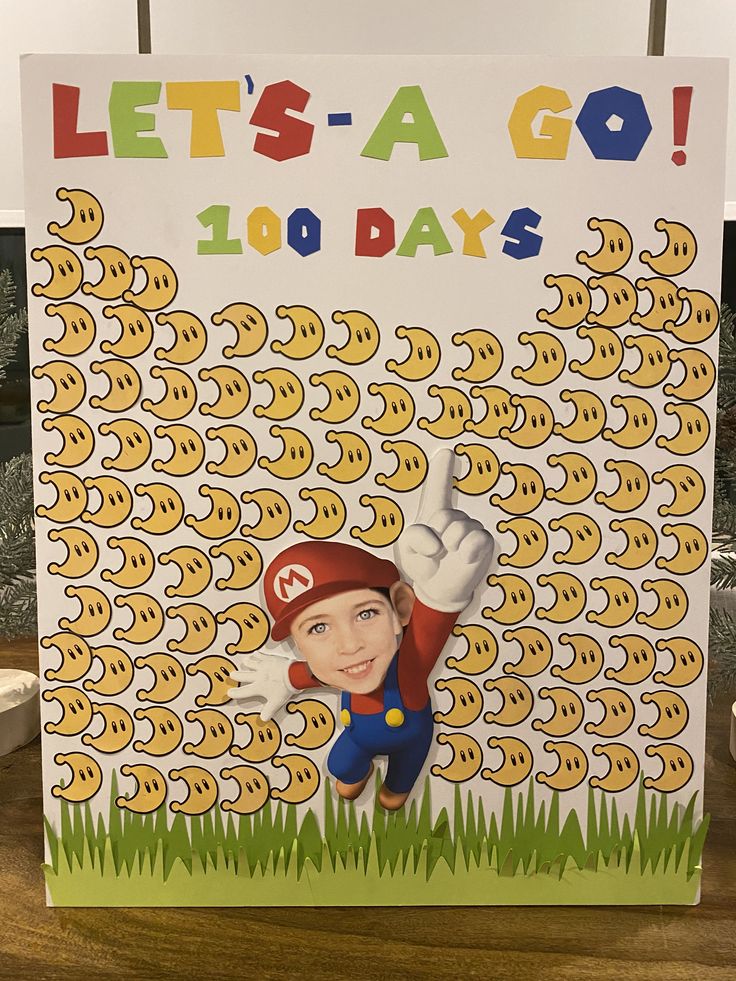 a card with an image of mario on it and the words let's a go 100 days