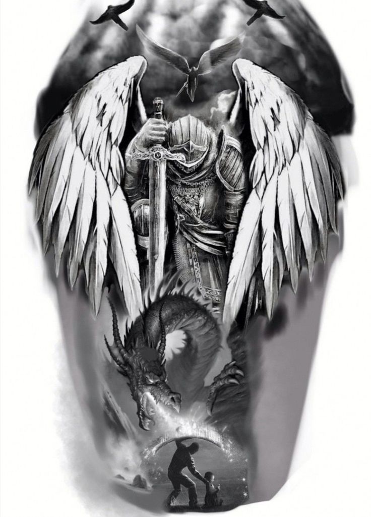 the back of a man's shoulder with tattoos on it and wings flying over him