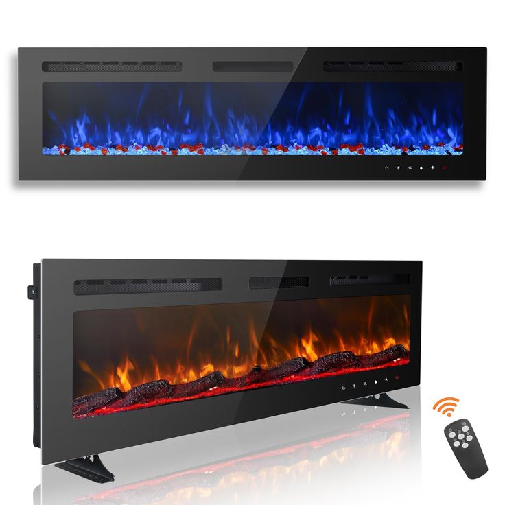 an electric fireplace with blue flames and remotes on the side, next to it