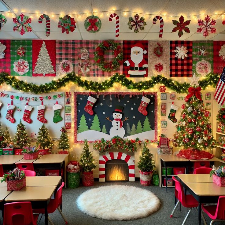 a classroom decorated for christmas with decorations and lights