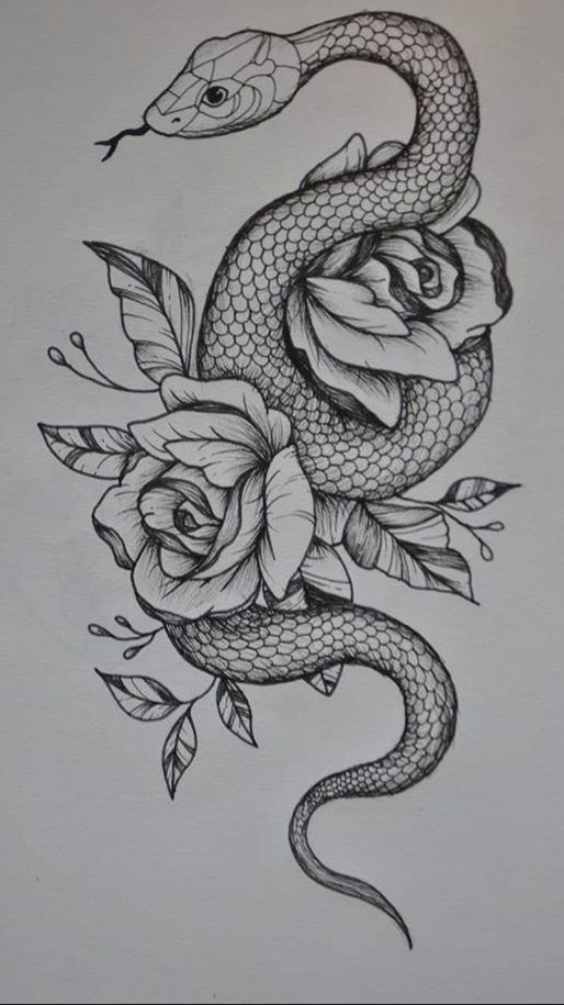 a drawing of a snake with roses on it