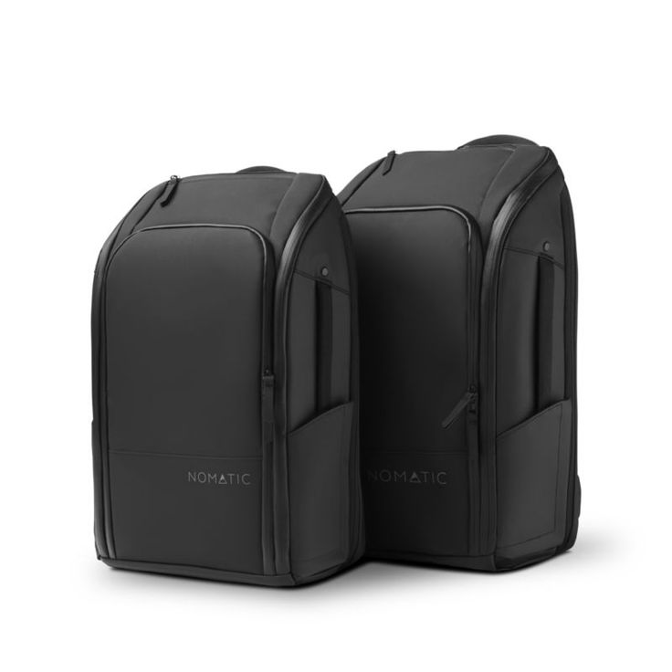 NOMATIC makes packing and travel as painless as possible with this thoughtfully designed backpack. Constructed of water-resistant fabric in classic black, the roomy bag offers durability, security and 24 compartments to keep you organized including laptop, eyeglasses, RFID-safe, hidden and water bottle pockets. The sleek silhouette expands to accommodate additional essentials, and the unique strap system quickly converts the backpack into a briefcase. A pass-through handle slides easily onto a r Functional Travel Backpack For Business Trips, Practical Black Backpack For On-the-go, Practical Black Backpack Luggage, Black Travel Accessories With Large Capacity, Modern Black Luggage With Functional Pockets, Modern Durable Standard Backpack, Black Waterproof Luggage For Everyday Use, Practical Black Backpack With Luggage Sleeve, Practical Black Standard Backpack Luggage