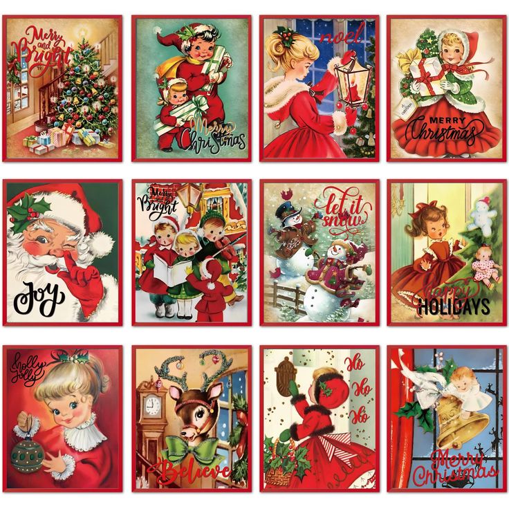 christmas cards with santa claus and other holiday greetings on the front, in red