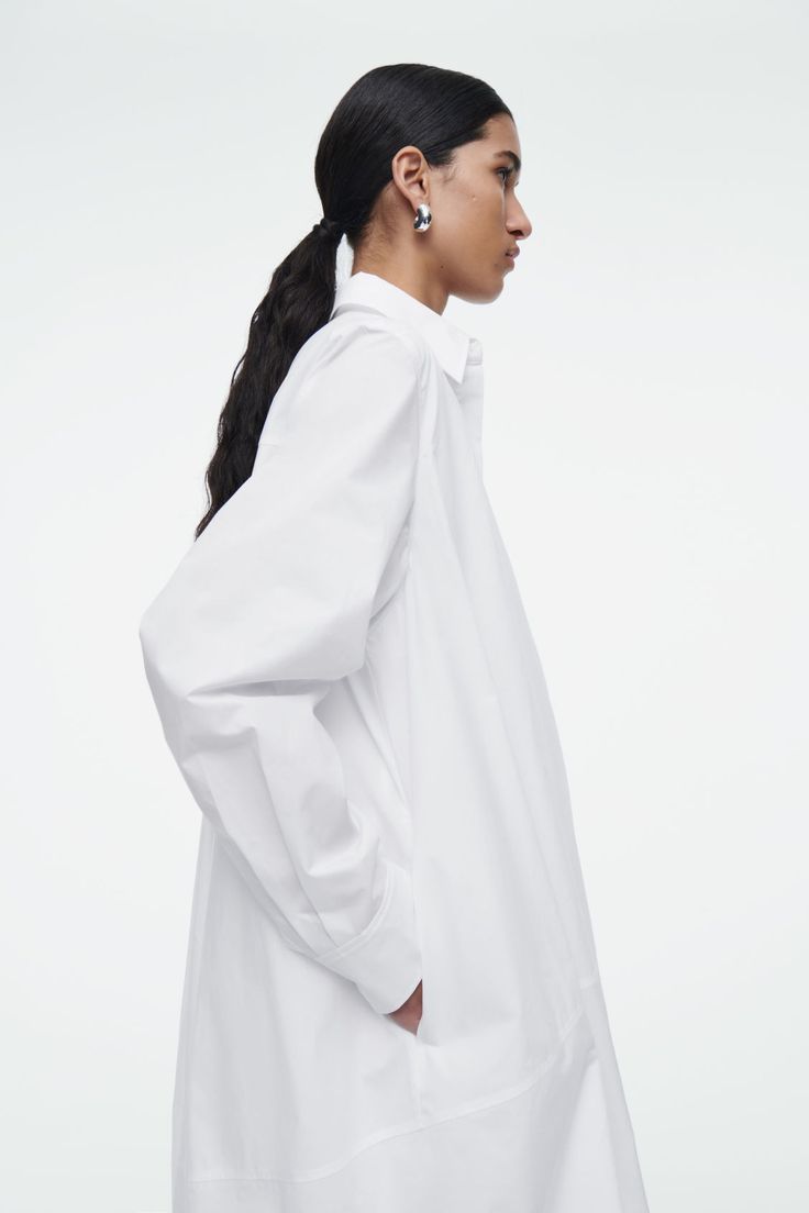 BUBBLE-HEM SHIRT DRESS - WHITE - COS Dress Technical Drawing, Button Up Shirt Dress, Culotte Shorts, Oversized Shirt Dress, Mens Cardigan Sweater, Accessories Bags Shoes, Denim Sweater, Skirt Co Ord, Vest Shirt