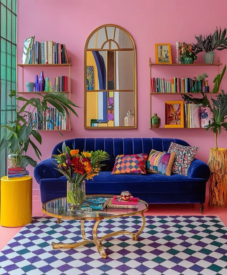 a living room with pink walls and colorful furniture