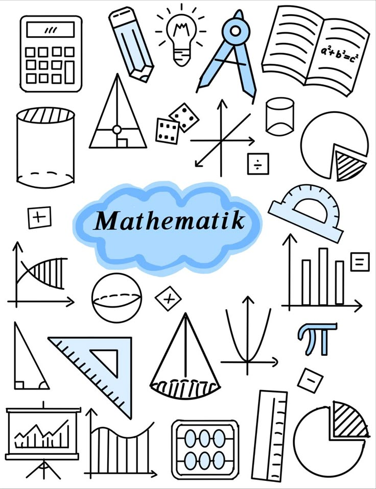 the word math written in blue surrounded by doodles and pencils on a white background