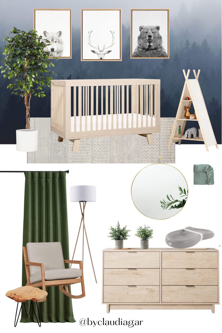 a baby's room with green curtains and pictures on the wall, including a crib