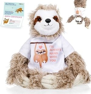 the stuffed animal is wearing a t - shirt that says, i'll always hang with you