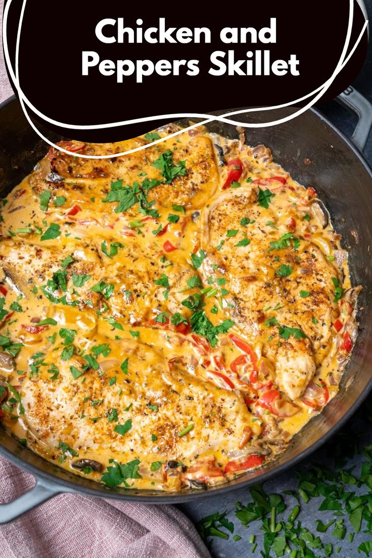 chicken and peppers skillet in a pan with the title overlay above that reads, chicken and peppers skillet