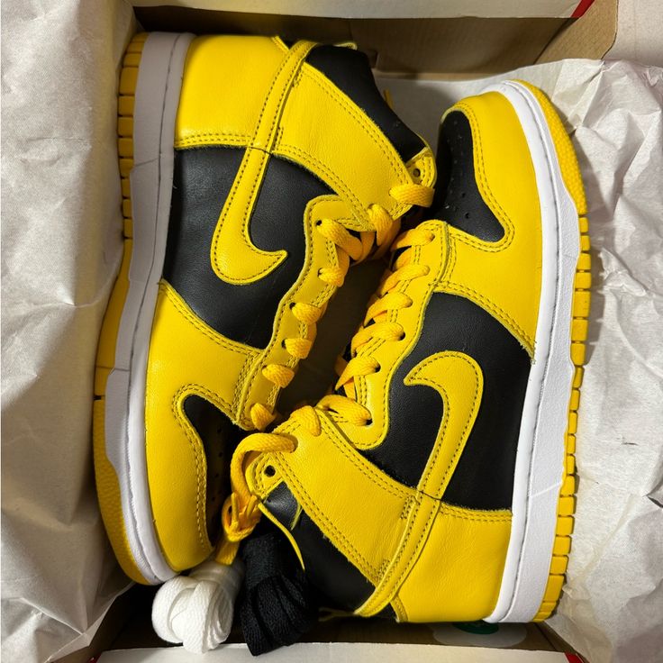 Brand New Full Box Women’s Size 6 = Men’s Size 4.5 Women’s Size 6.5 = Men’s Size 5 Yellow Sporty Skate Shoes With Contrast Sole, Yellow High-top Skate Shoes, Yellow High-top Skate Shoes With Branded Insole, Yellow Leather Custom Sneakers For Streetwear, Yellow Leather High-top Sneakers With Rubber Sole, Yellow High-top Leather Skate Shoes, Yellow Leather Skate Shoes With Round Toe, Yellow High-top Skate Shoes With Cushioned Footbed, Nike High-top Yellow Skate Shoes