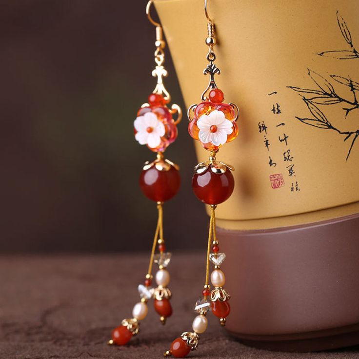 Flower Pearl Earrings, Chinese Accessories, Chinese Jewelry, Asian Jewelry, Magical Jewelry, Ancient Jewelry, Long Red, Fantasy Jewelry, Girly Jewelry