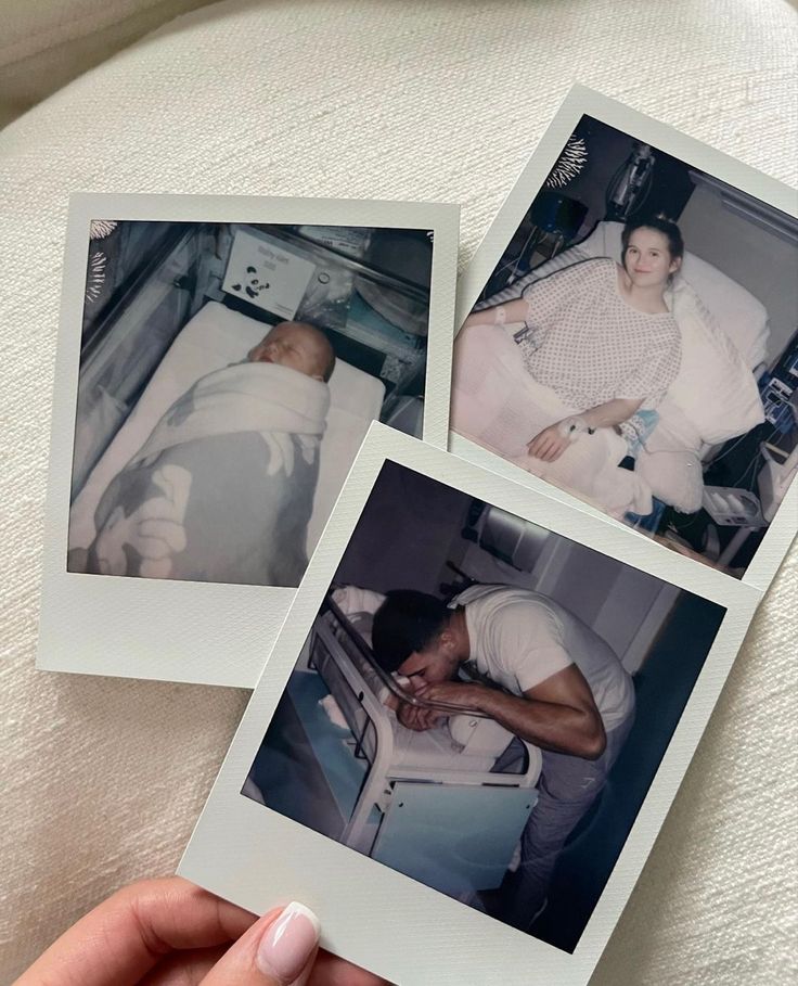 three polaroid photos of a person laying in a hospital bed