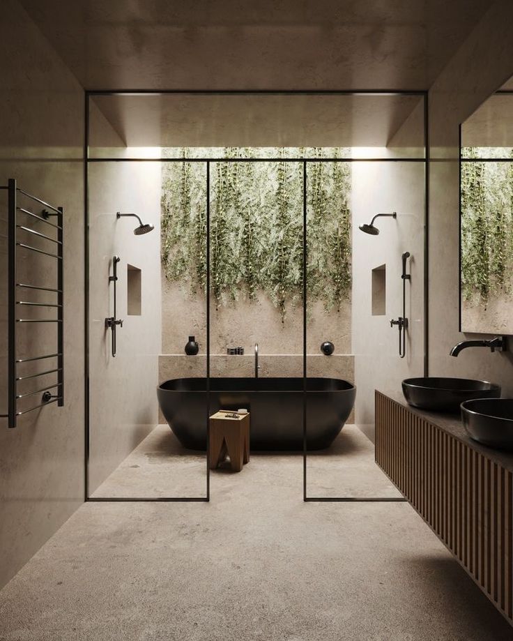 a bathroom with two sinks and a large bathtub in the center, surrounded by mirrors